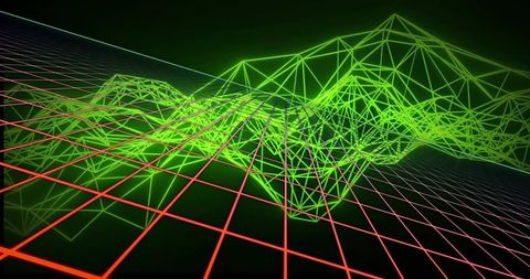 Neon wireframe terrain rising toward vanishing point retrofuturistic synthwave grid landscape