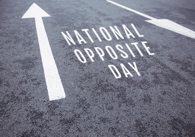 Composition of national opposite day text with arrows on grey background. National opposite day and celebration concept digitally generated image.