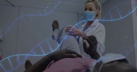 Doctor performing knee examination with dna helix overlay