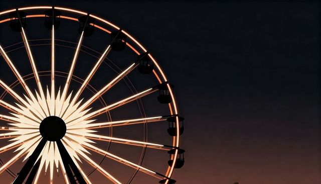 Glowing ferris wheel at dusk casting radiant spokes and silhouetted cabins