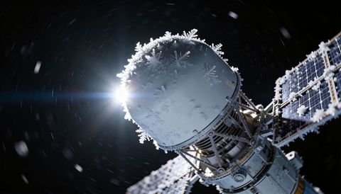 Icy satellite module with hoarfrost crystals on dome and solar arrays, rimlit sun flare