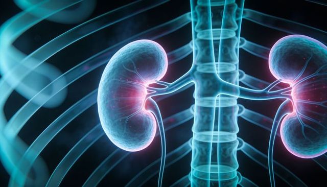 Glowing 3D kidneys highlighting renal hilum, ureters and spine in cyan medical illustration
