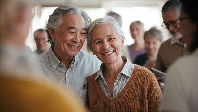 Smiling senior couple enjoying community gathering in warm natural light, holding devices