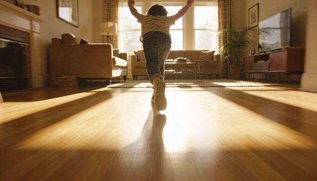 Joyful child running toward camera on sunlit hardwood floor in cozy living room