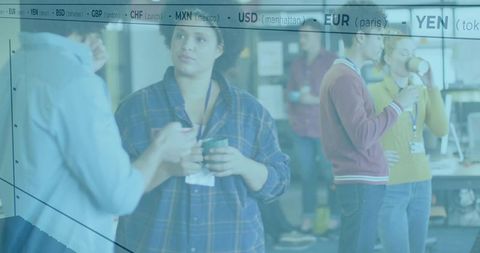 Young professionals holding mugs chatting in open-plan office with currency ticker overlay