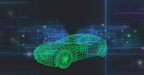 Neon wireframe car rotating in 3d cyber workspace with holographic digital grid panels