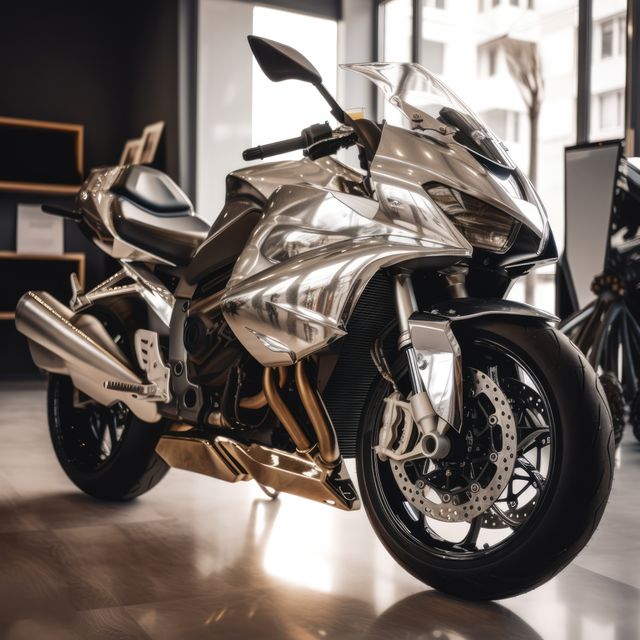 Silver motorbike in showroom, created using generative ai technology. Motorbike, travel and transport concept digitally generated image.