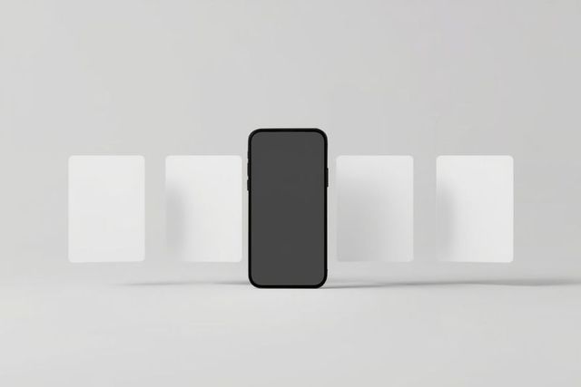 Black smartphone with floating cards highlighting modern technology