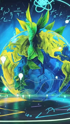 Rotating globe sprouting leaves, glowing network lines and floating formulas — vertical video