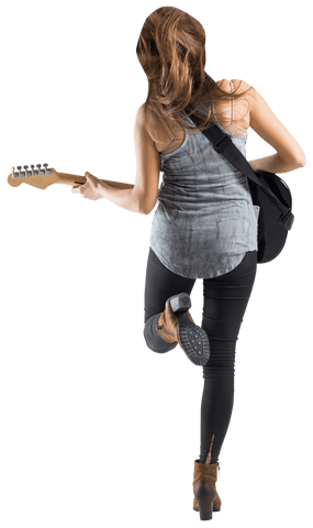 Transparent young woman with electric guitar jumping dynamically