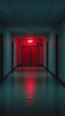 Glowing EXIT Sign Above Double Doors Casting Red Reflection Down Corridor Vertical Video