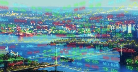 Harbor skyline merging with live stock market tickers over suspension bridge
