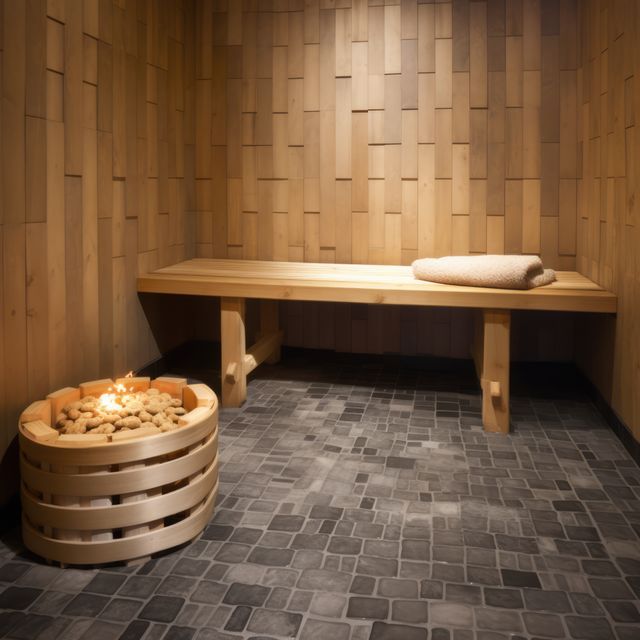 Interior of wooden sauna with bench and stove, created using generative ai technology. Sauna, relaxation and self care concept digitally generated image.