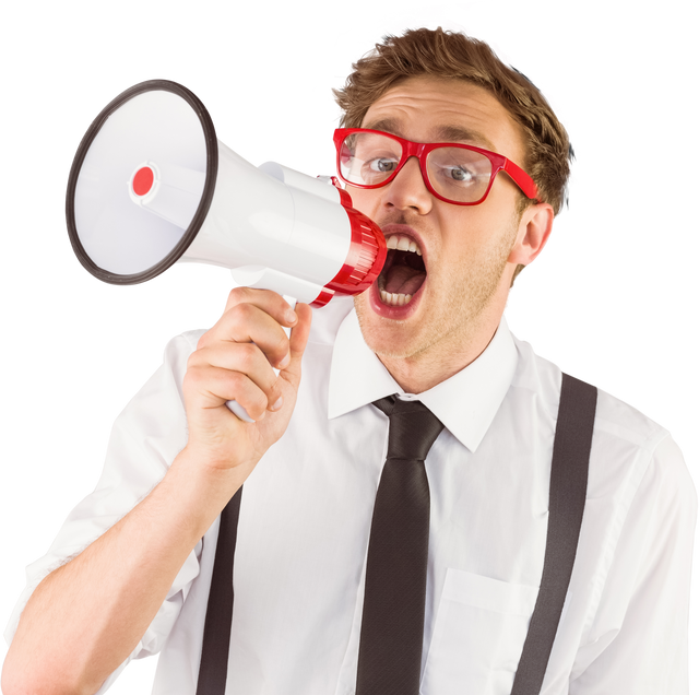 Transparent geeky businessman shouting with red megaphone - Download Free Stock Videos Pikwizard.com