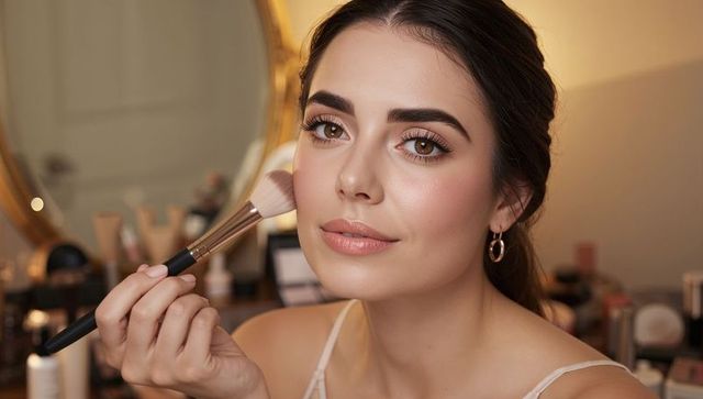 Glamorous woman applying blush at vanity holding makeup brush with gold mirror background