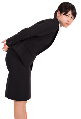 Businesswoman bending in black suit on transparent background