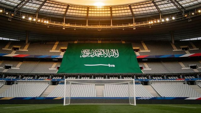 Draping saudi flag across empty stadium stands behind soccer goal under sunset lights