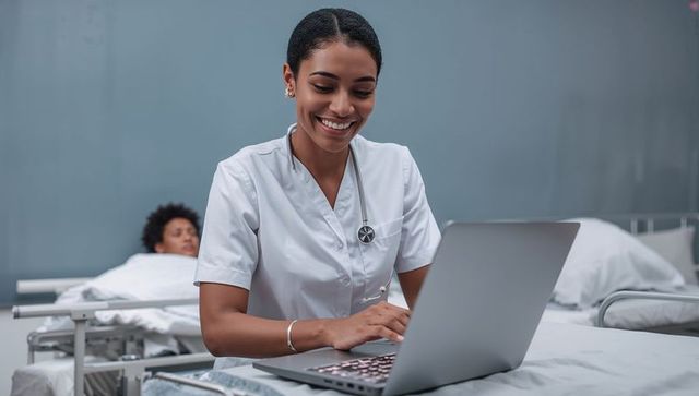 Smiling african american nurse using laptop for digital charting at hospital ward