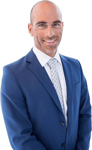 Transparent Smiling Businessman in Blue Suit for Marketing Use