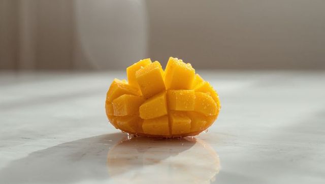 Ripe mango half diced hedgehog-style with dewy droplets and glossy reflection on marble