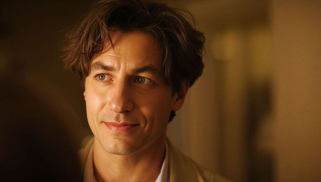 Gazing man wearing beige coat and collared shirt, warm light headshot, closeup portrait