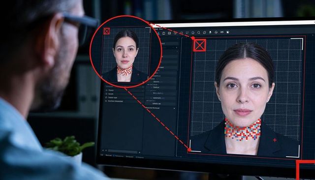 Technician analyzing facial recognition headshot on monitor with biometric neck mapping