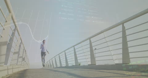 Woman Exercising on City Bridge with Digital Data Overlay