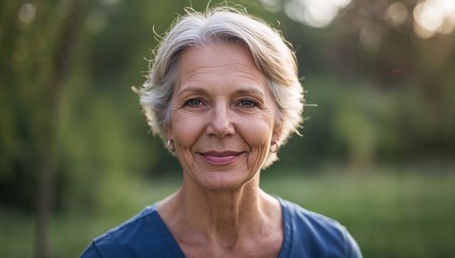 Smiling senior woman wearing blue v-neck top in garden during golden hour