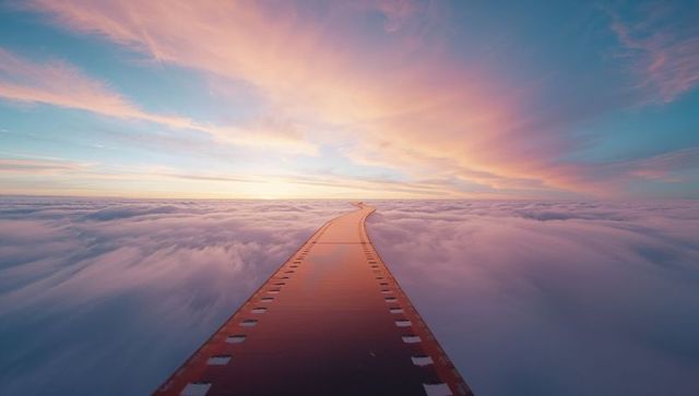 Metallic aircraft wing reaching horizon over pastel clouds at sunrise, aerial altitude