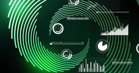 Futuristic green digital data visualization with circular patterns