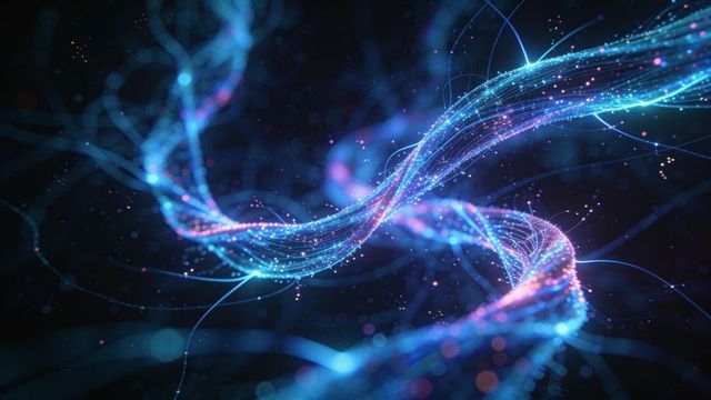Neon braided energy strands weaving through dark void with particle bokeh and glow