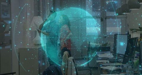 Holographic globe overlaid on contemporary workplace environment