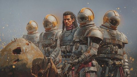 Commander standing among armored space squad on barren planet with cracked skull