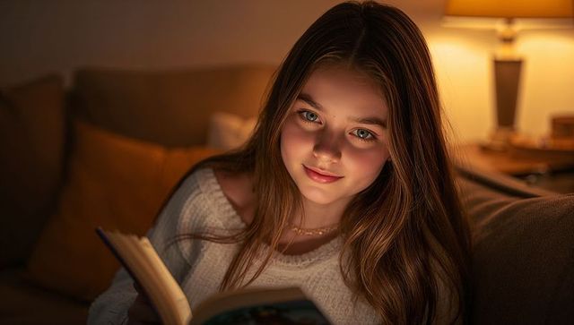 Teen girl reading novel on sofa wearing white sweater soft lamp glow cozy evening moment