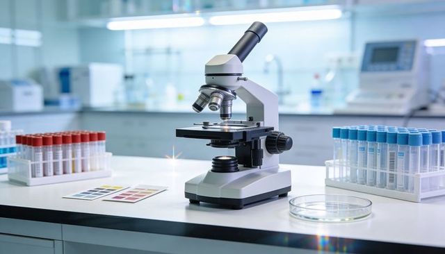 Compound microscope sitting on clean lab benchtop with red and blue test tube racks