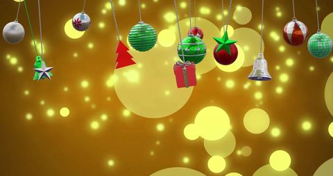 Colorful Christmas Baubles and Glowing Lights on Brown Background