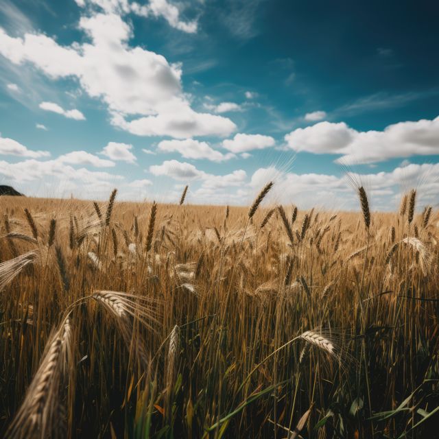 General scenery of wheat fields and clouds on blue sky, created using generative ai technology. Countryside, agriculture and landscape concept digitally generated image.