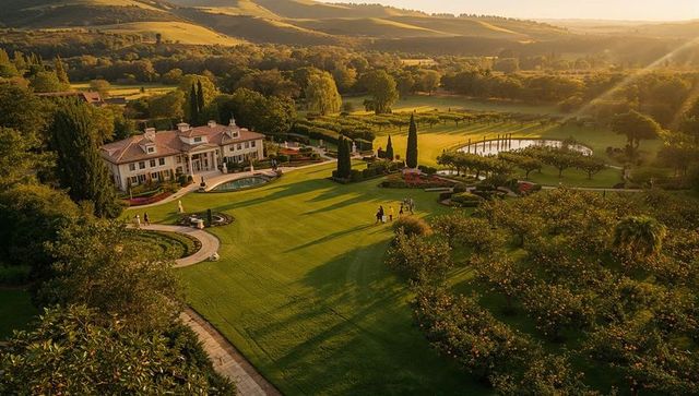 Aerial sunset view luxury mansion estate with formal gardens, orchard, pool and pond