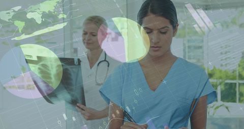 Female Doctors Analyzing X-Ray Data with Infographic Overlays