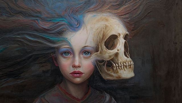 Youthful girl blending with skull surreal duality portrait flowing hair and bone