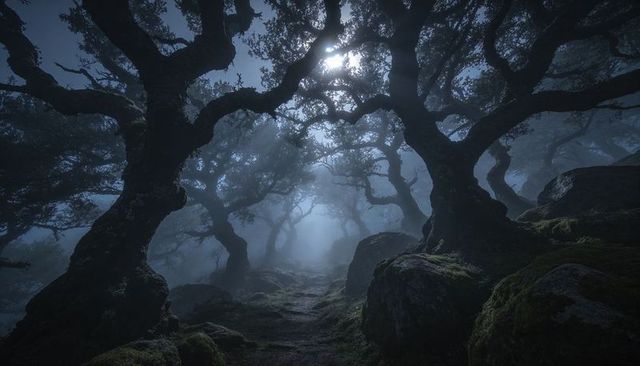 Moonlit Winding Trail Through Foggy Twisted Oak Grove With Moss-Covered Boulders