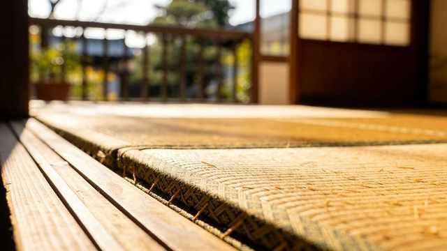 Sunlit tatami close-up in traditional japanese room showing woven texture, heri and veranda