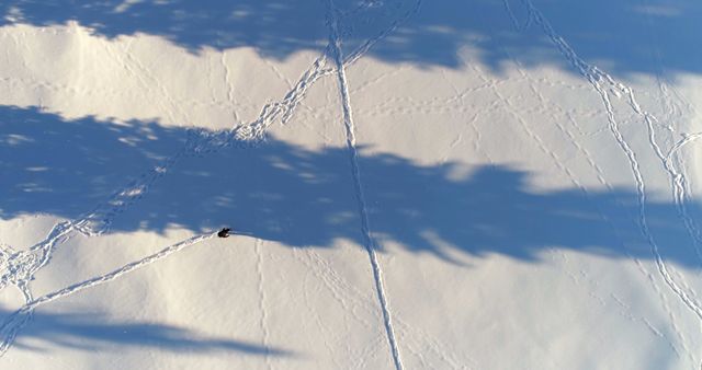 Aerial view of a solitary man walking across a pristine snowy landscape, casting long shadows in the winter sunlight. Footprints are visible, adding to the sense of solitude and peacefulness. Ideal for themes of isolation, contemplation, and winter scenery. Could be used in winter travel promotions, inspirational posters, or articles about wintertime activities.