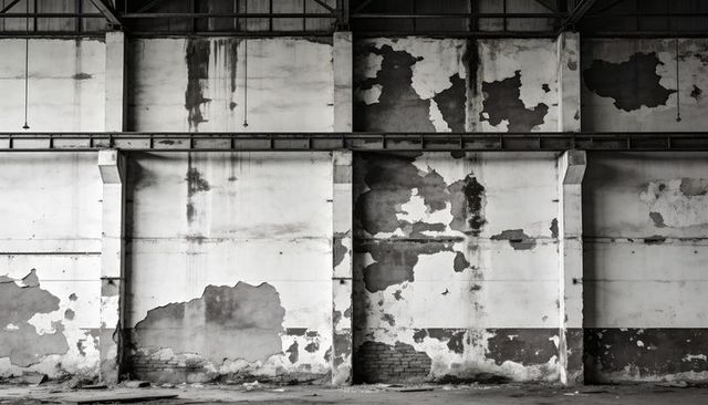 Peeling plaster revealing exposed brickwork in abandoned industrial warehouse interior