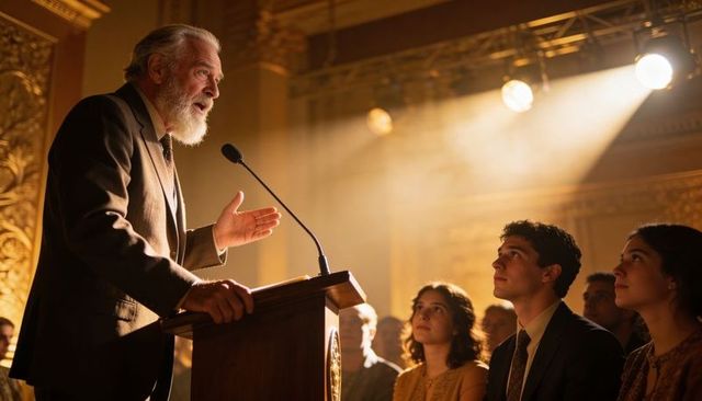 Bearded elder statesman delivering inspirational speech at ornate lecture hall podium