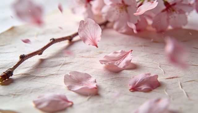 Falling cherry blossom petals on textured paper with twig, pastel spring still life macro