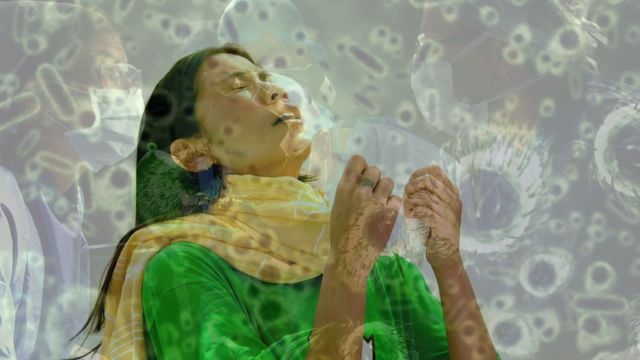 Creative visual illustrating concept of COVID-19 pandemic with Asian woman sneezing overlapped by virus and blood cell imagery. Ideal for use in healthcare-related content, public health education, articles on pandemic experiences, or emergency medical services promotions.