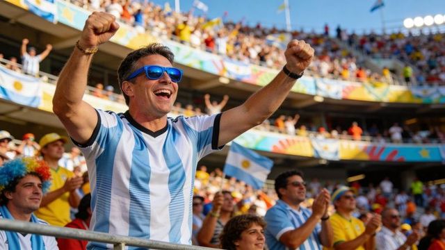 Ecstatic argentina football fan cheering with raised arms and blue sunglasses in stadium