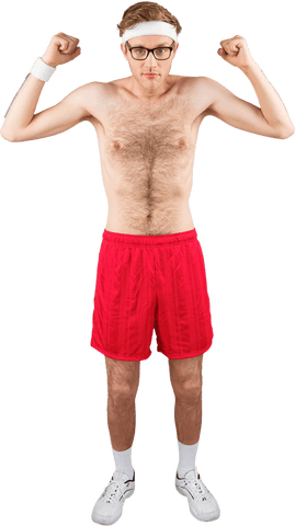 Caucasian sportsman flexing in red shorts on transparent background