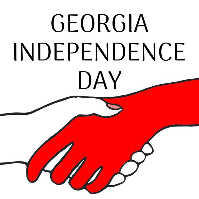 This illustration depicts diverse people shaking hands under the text 'Georgia Independence Day', symbolizing unity and celebration. Suitable for use in cultural events, national holiday promotions, educational materials, and patriotic campaigns. It highlights themes of diversity, togetherness, and national pride.